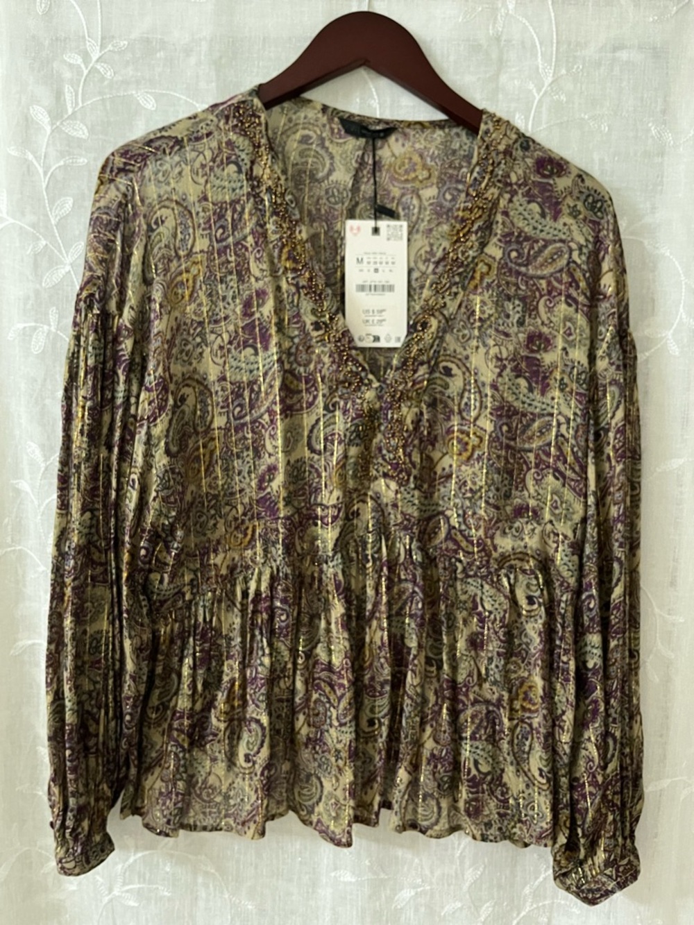 Zara Olive and Purple Paisley V-Neck Peplum Blouse Size Medium